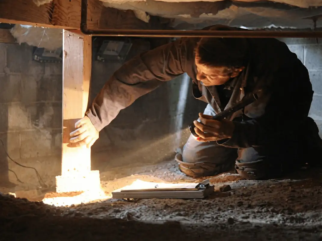 A professional inspecting wooden beams under the floor of a structure in Fort Wayne, IN