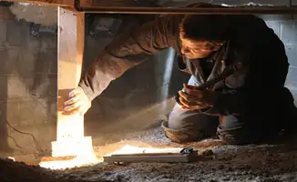 A professional inspecting wooden beams under the floor of a structure in Fort Wayne, IN